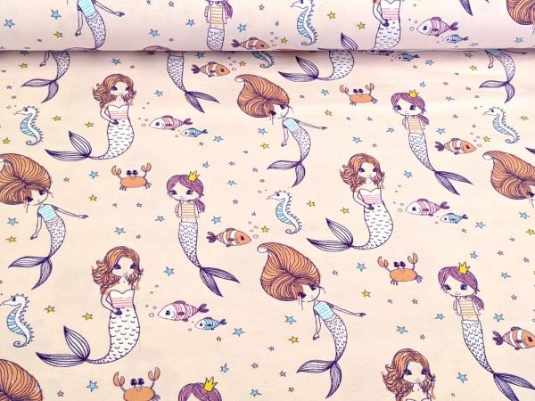 Resttück Baumwolljersey Meerestiere mit Meerjungfrau Hellrosa 50 x 150 cm